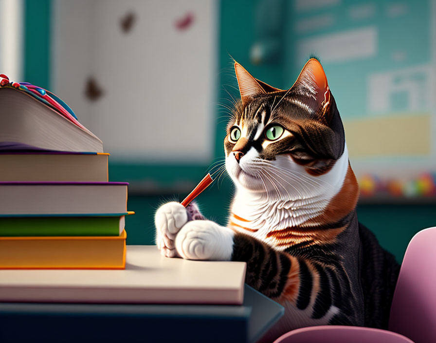 Cat with human-like hands holding a pencil next to a stack of books