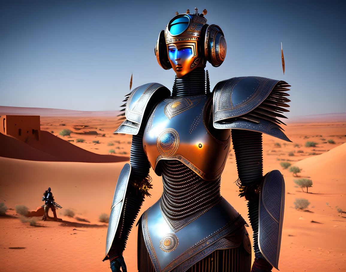 Detailed futuristic female robot in desert with approaching companion