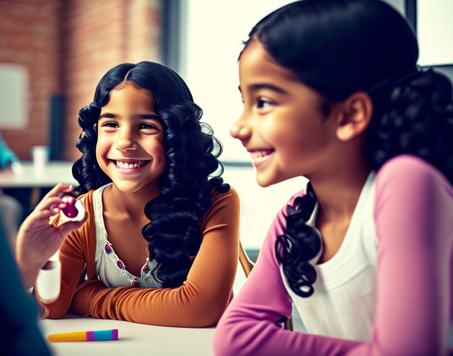 Two girls at table with red object in classroom.