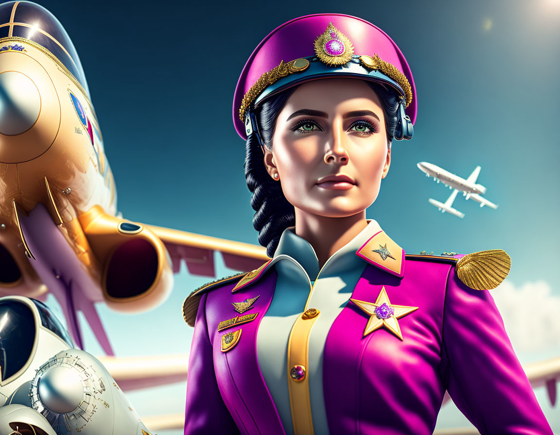 Vibrant pink pilot uniform woman illustration with airplanes