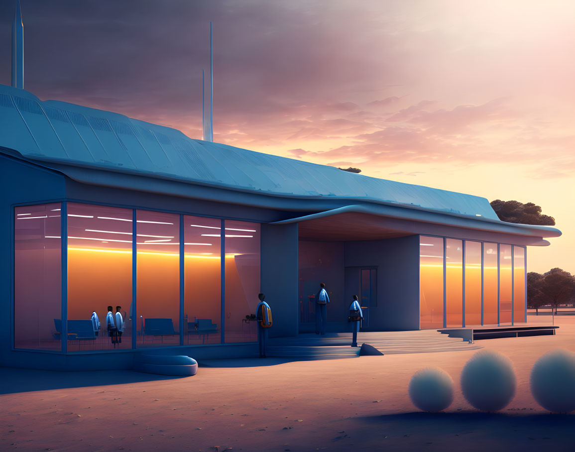 Modern building at sunset with people, large windows, and spherical objects.