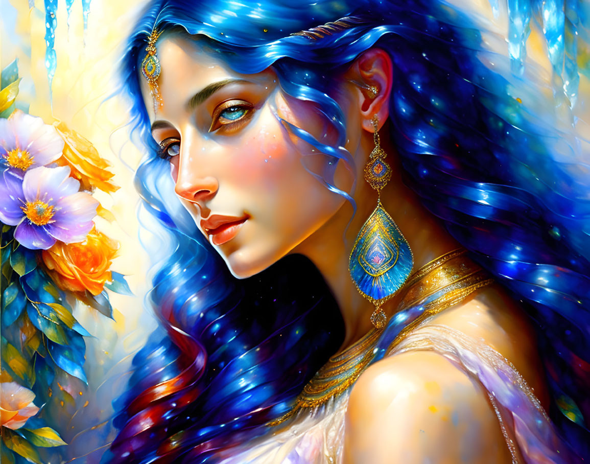 Colorful illustration: Woman with blue hair, gold jewelry, and flowers.