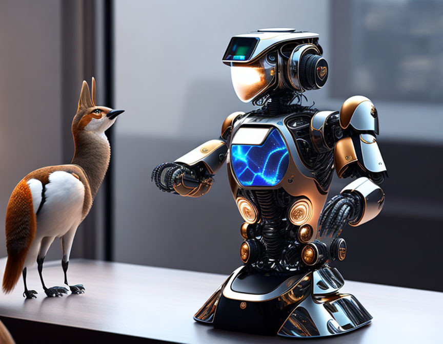 Sleek metallic robot interacting with a bird on wooden surface