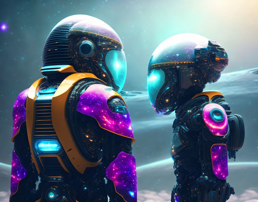 Futuristic cosmic-themed robots in glowing design face-off in starry space.