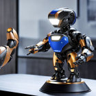 Sleek metallic robot interacting with a bird on wooden surface