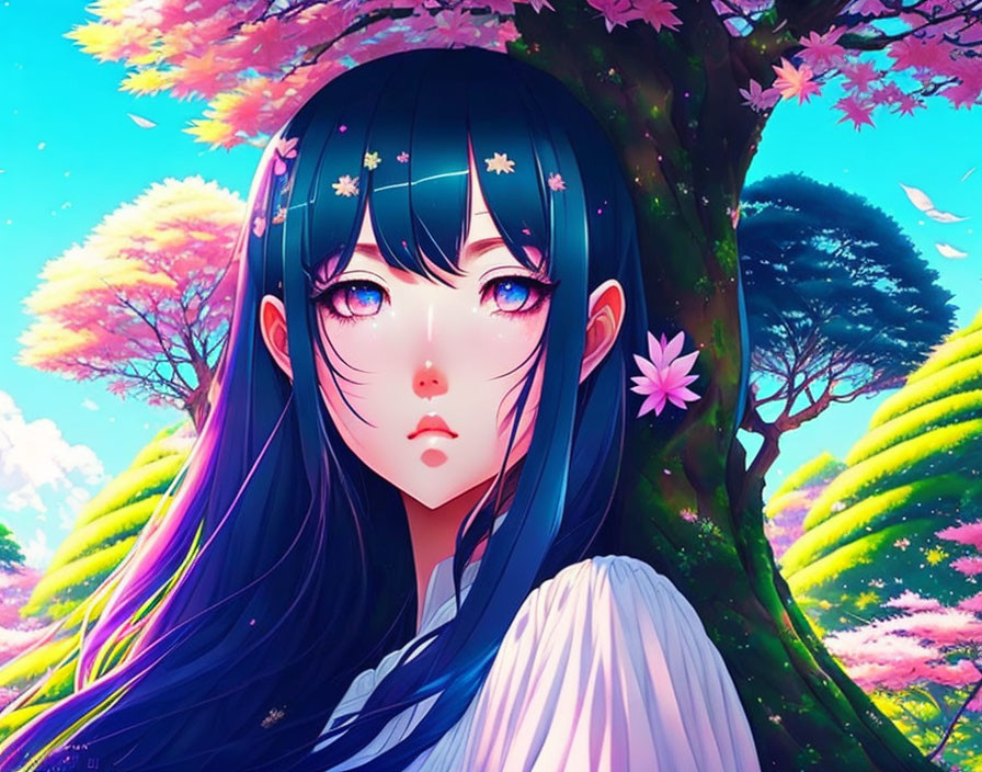 Blue-black haired anime girl under cherry blossom tree with pink eyes