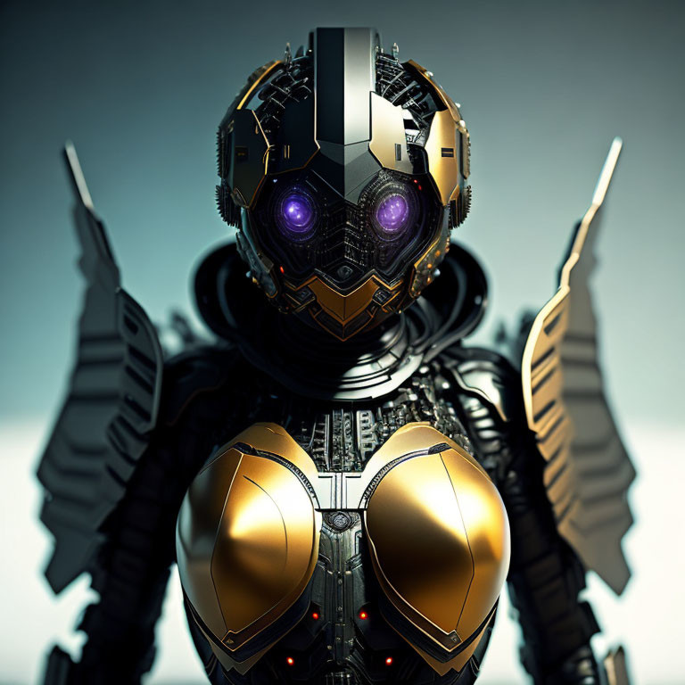 Detailed Futuristic Robot with Golden and Black Exoskeleton and Purple Eyes