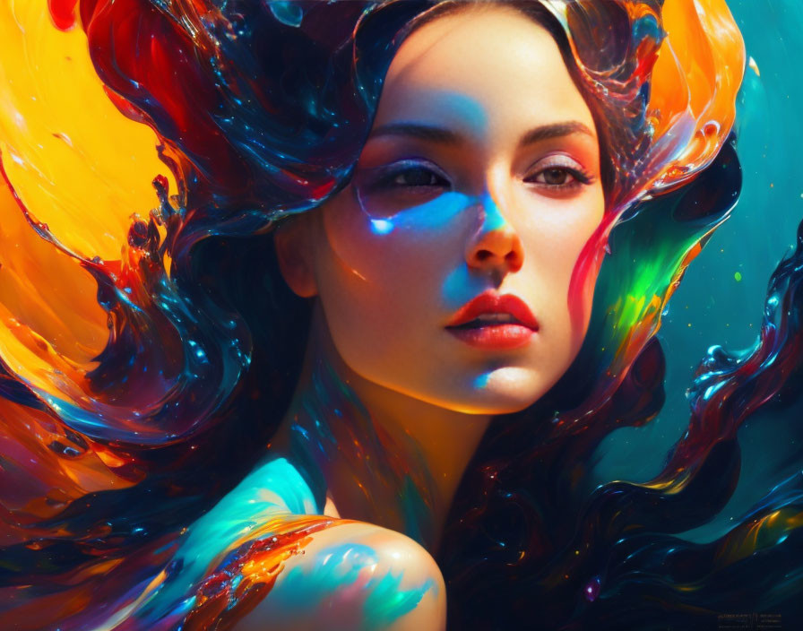 Colorful portrait of a woman with flowing hair merging into vibrant swirls