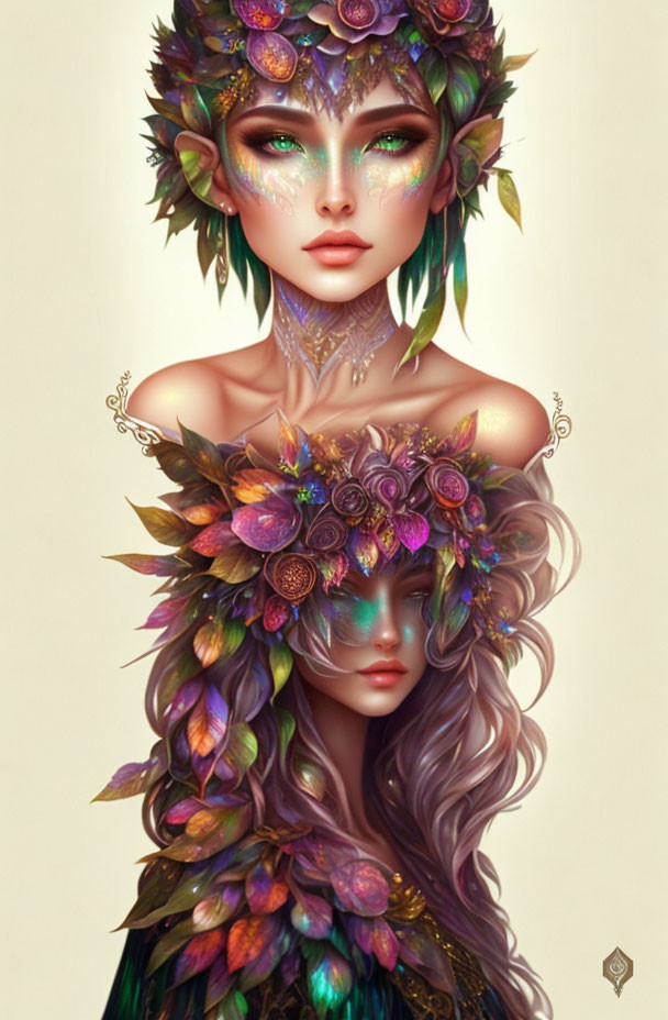 Colorful Floral Fantasy Portrait of a Woman with Elaborate Adornments