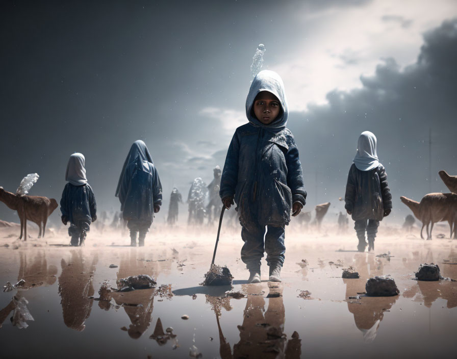 Child in hooded jacket with stick, surrounded by figures in cloaks and dogs under dramatic sky