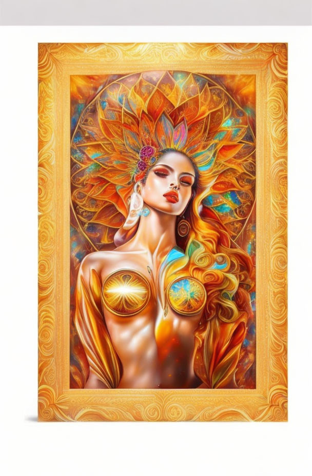 Colorful digital artwork of stylized woman with ornate headdress and intricate patterns in golden frame