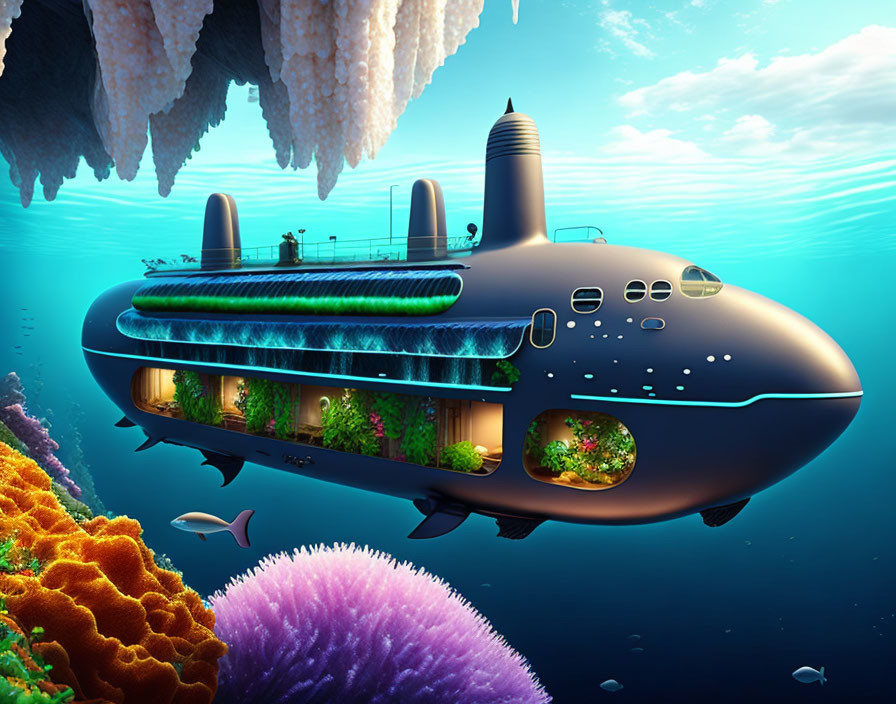 Vibrant underwater submarine with visible ecosystems and marine life