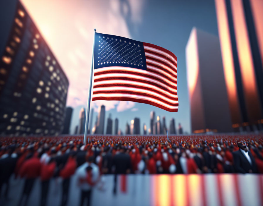 Prominent American flag waving in front of blurred crowd and cityscape at sunset