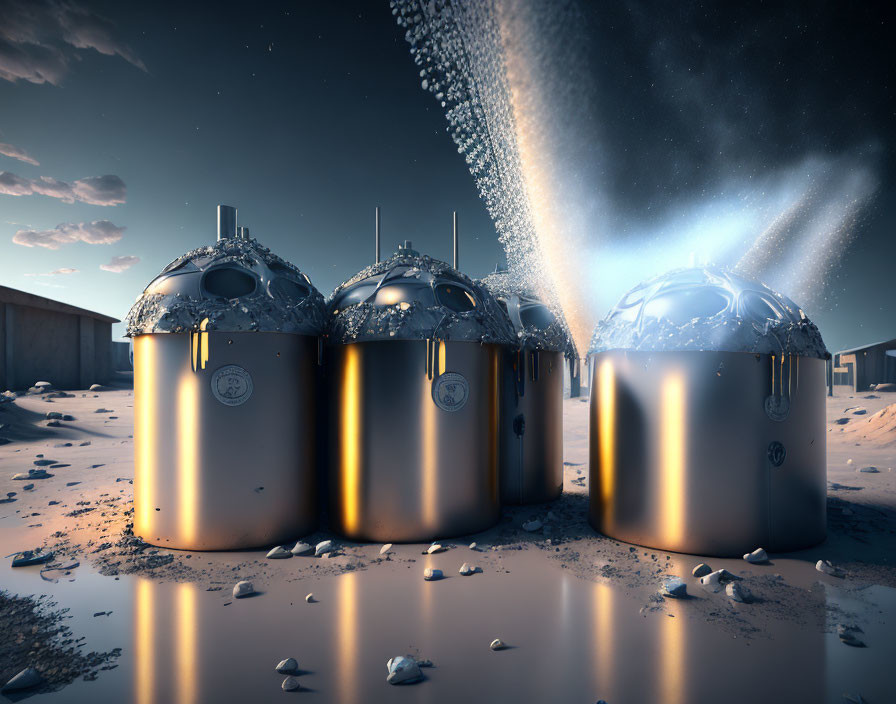 Futuristic capsules emitting beams on barren landscape at dusk