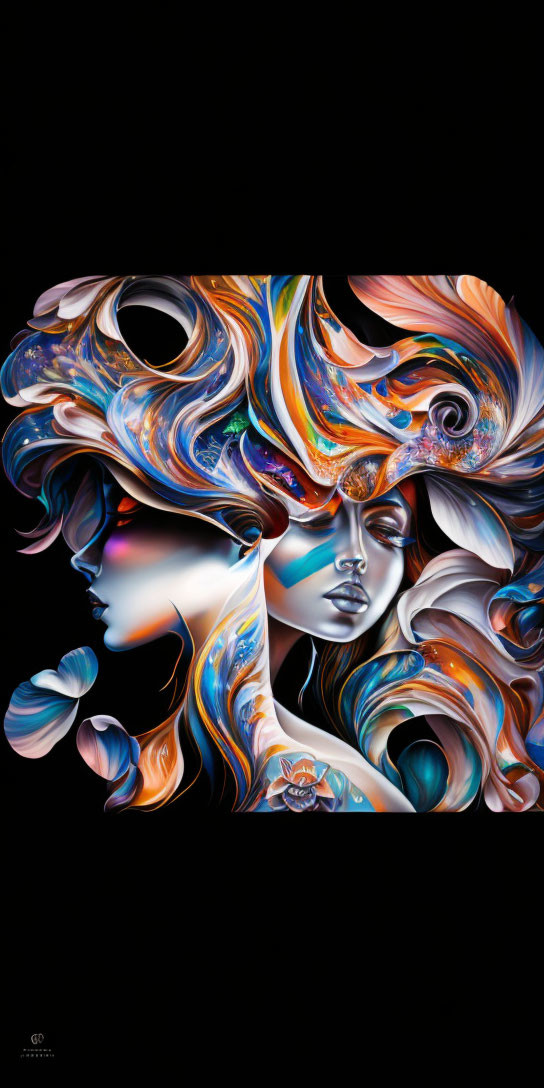 Abstract surreal digital artwork: two female faces with colorful swirling hair on black background