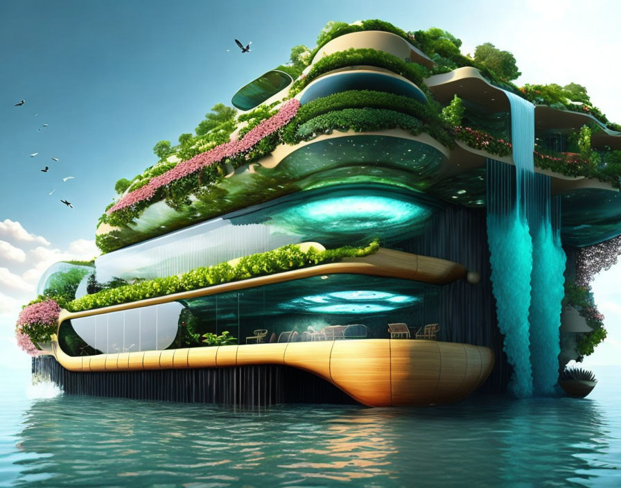 Innovative aquatic building with green terraces and underwater marine habitat