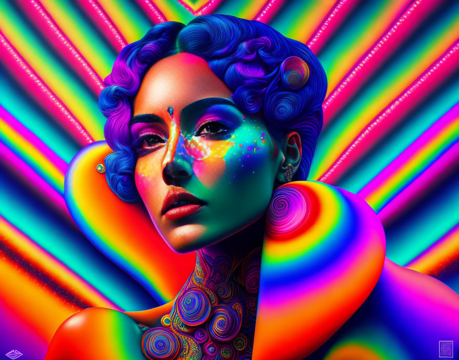 Colorful digital artwork of woman with blue skin and hair and neon makeup surrounded by psychedelic patterns