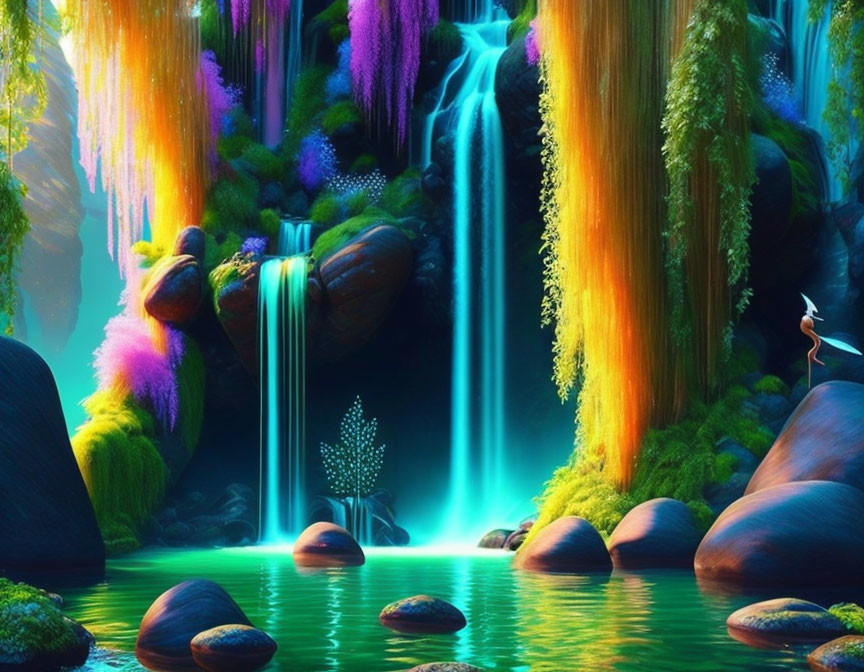 Mystical landscape with vibrant waterfalls and glowing vegetation