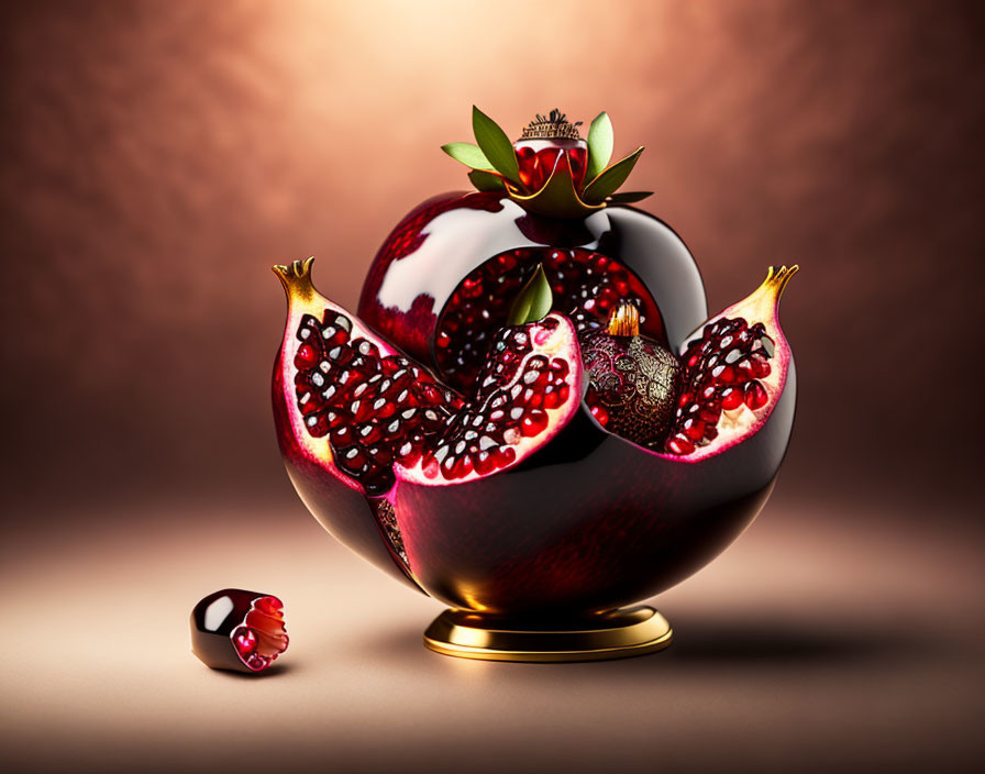 Gold-trimmed pomegranate perfume bottle with luxe details next to seed on warm backdrop