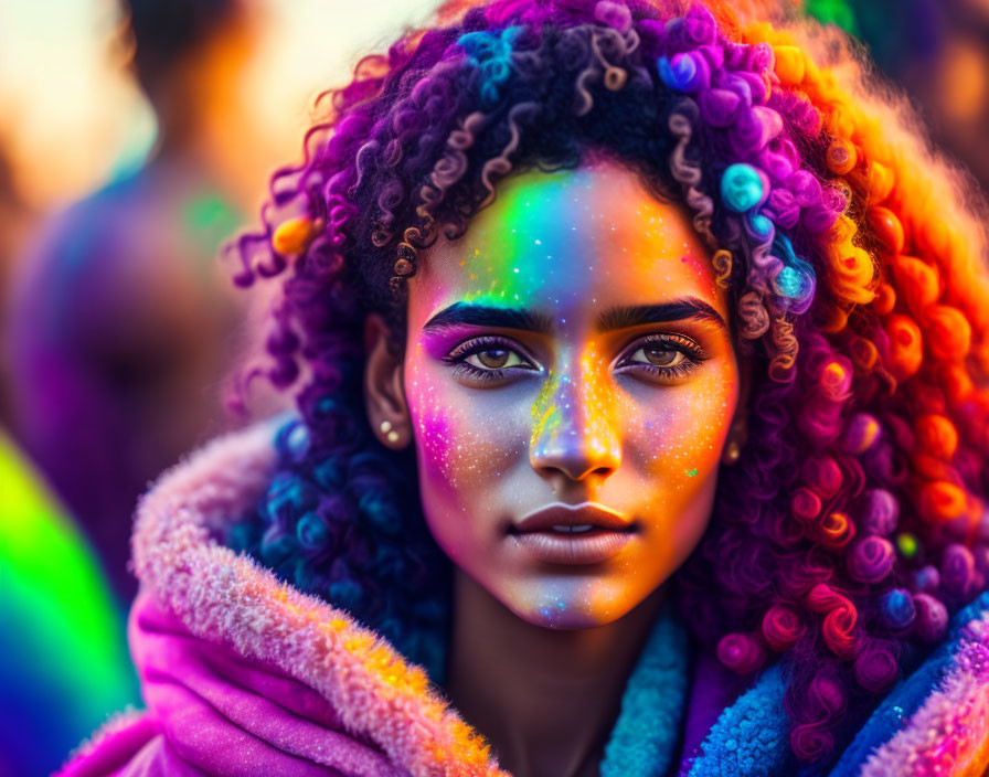 Colorful woman with vibrant curly hair and makeup at Holi festival