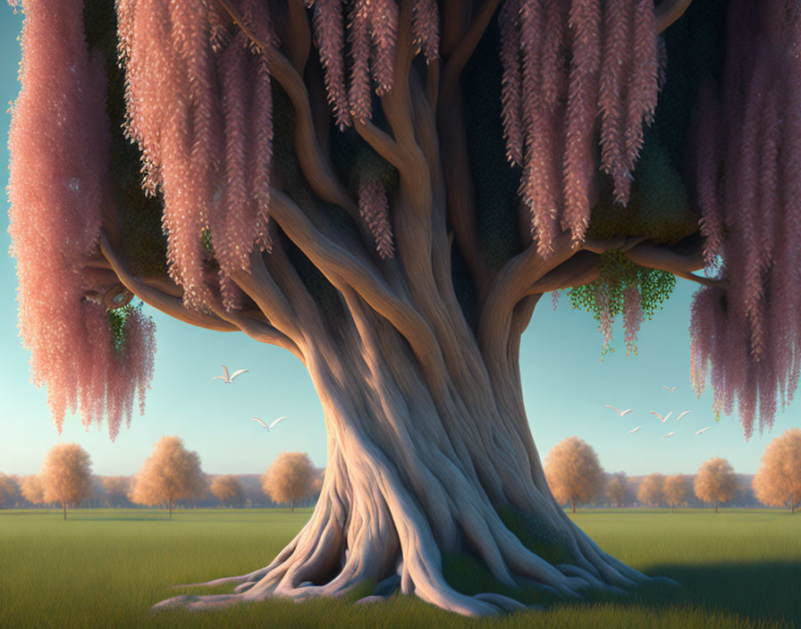 Large, ancient tree illustration with twisted roots and purple blossoms in serene meadow at sunset