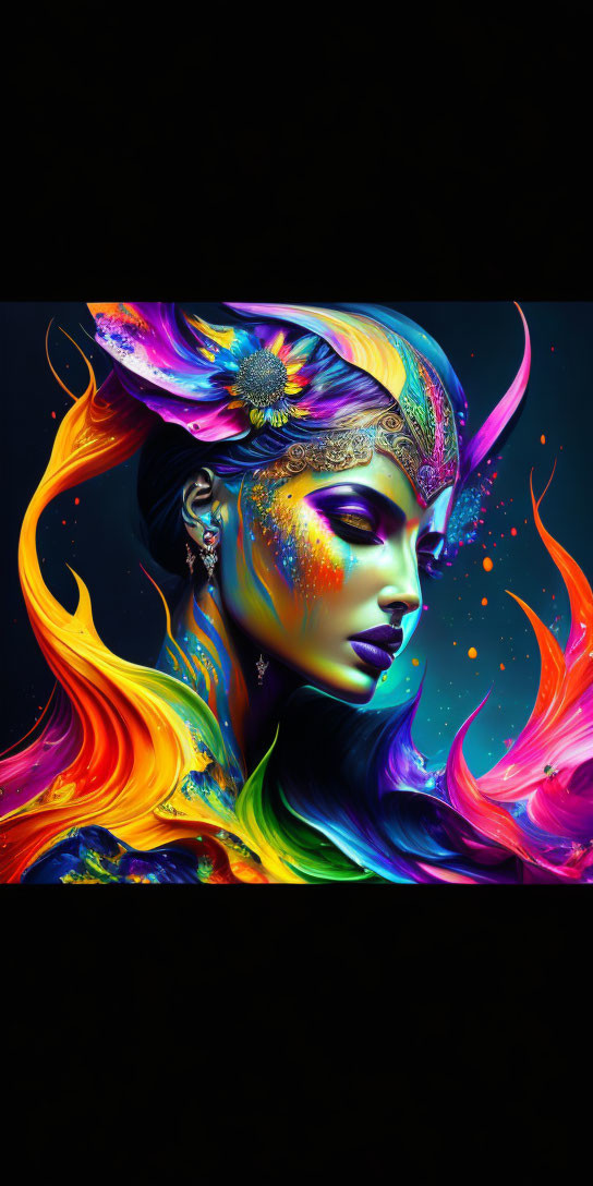 Vibrant digital art of woman with colorful flowing hair and face paint