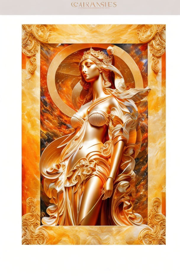 Golden ethereal woman with halo in cosmic backdrop, framed by ornate swirls