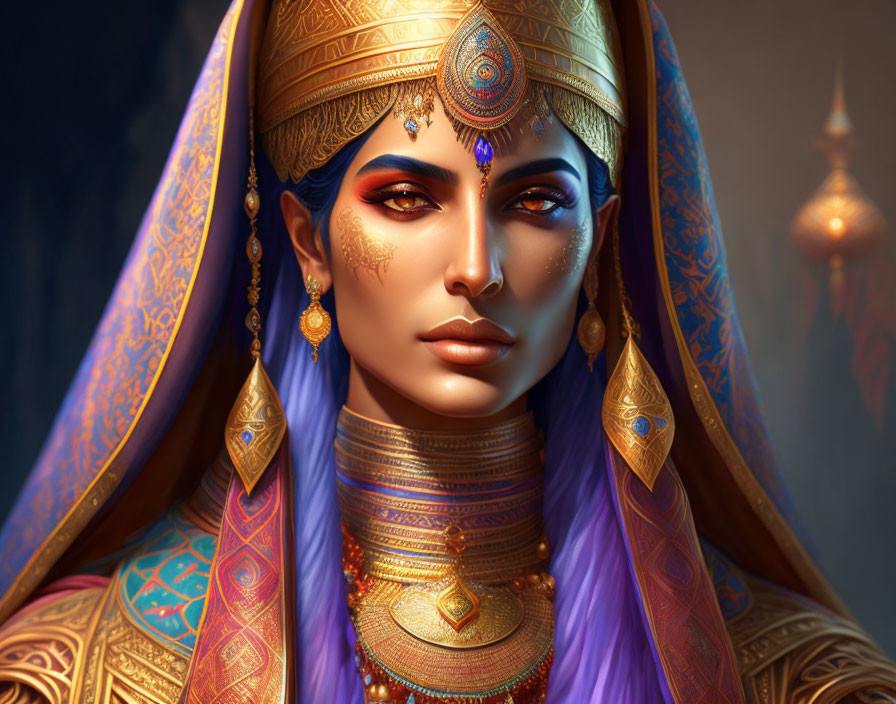 Regal woman with purple hair in gold jewelry and detailed headdress, veiled in blue fabric