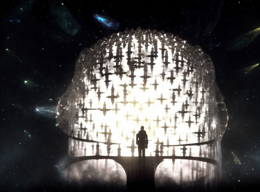 Silhouette on bridge near glowing dome with space backdrop