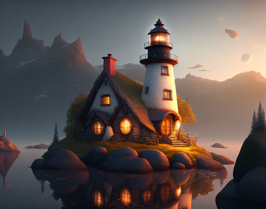 Quaint cottage with whimsical lighthouse on island at sunset