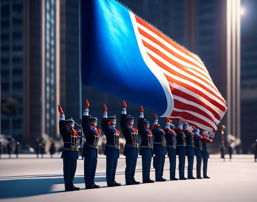 Ceremonial soldiers with large American flag in urban backdrop
