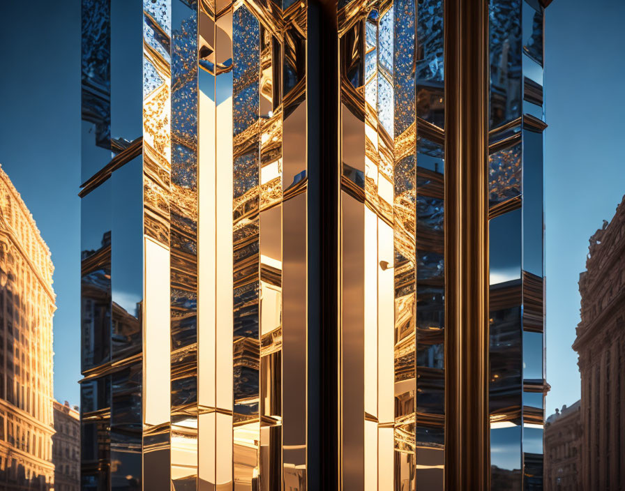 Reflective glass facade of modern building against older structure at sunset