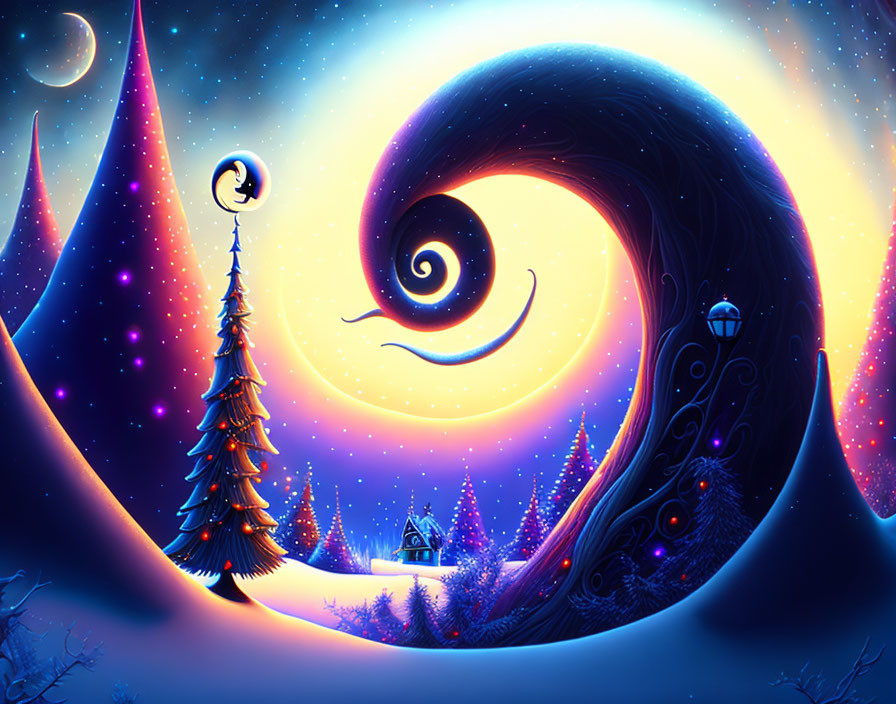 Whimsical night scene with crescent moon, stars, pine tree, and snow-covered hills