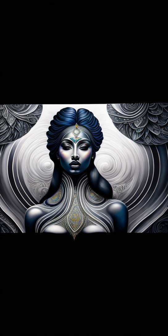 Elaborate Blue and Silver Hair Woman Artwork