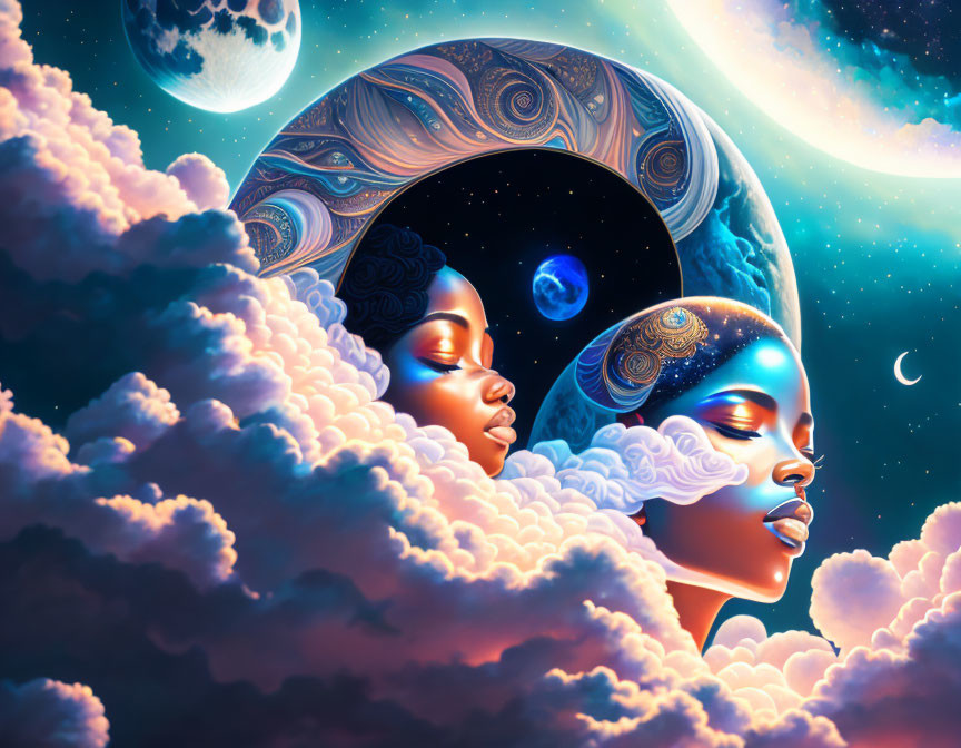 Celestial-themed stylized faces in vibrant illustration