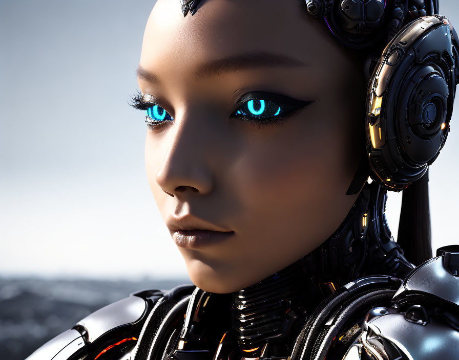 Female android with glowing blue eyes and metallic skin in close-up.