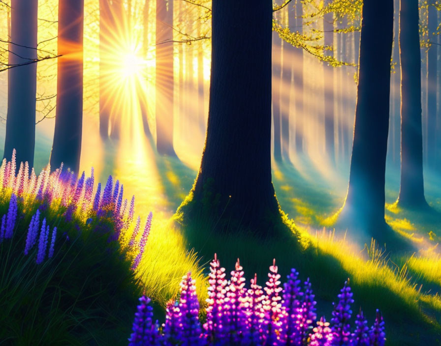 Vibrant forest sunrise with piercing light and wildflowers