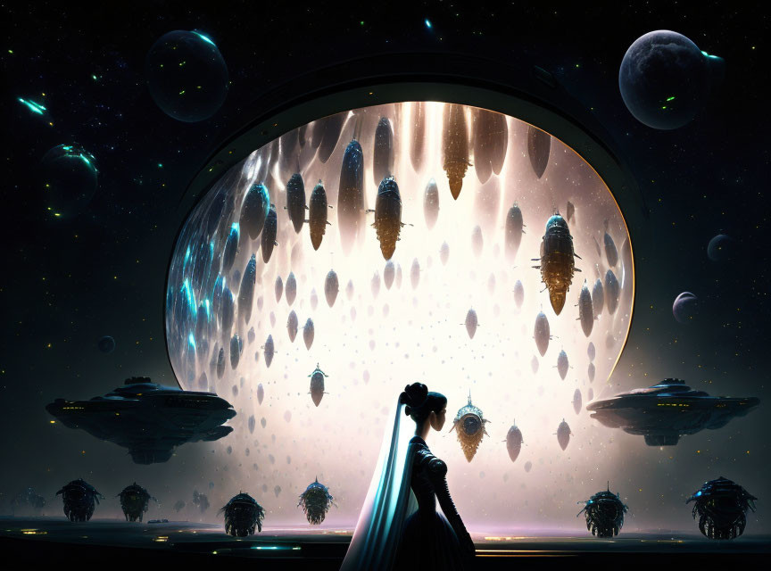 Woman in dress gazes at night sky with spaceships under glowing dome