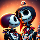 Stylized animated skeletons in festive attire with painted faces in front of a Christmas tree.