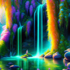 Mystical landscape with vibrant waterfalls and glowing vegetation