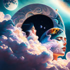 Celestial-themed stylized faces in vibrant illustration