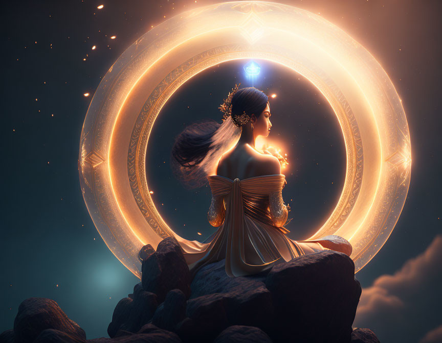 Mystical woman in elegant attire gazes at luminous circular symbol in starry night sky