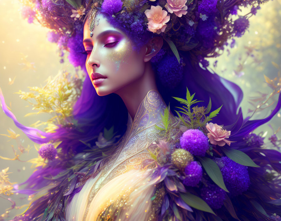 Serene woman with violet floral adornments in soft, illuminated setting