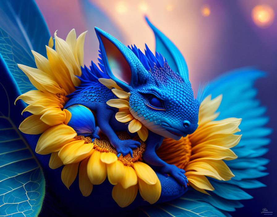 Colorful digital artwork: Blue dragon in sunflowers on purple background