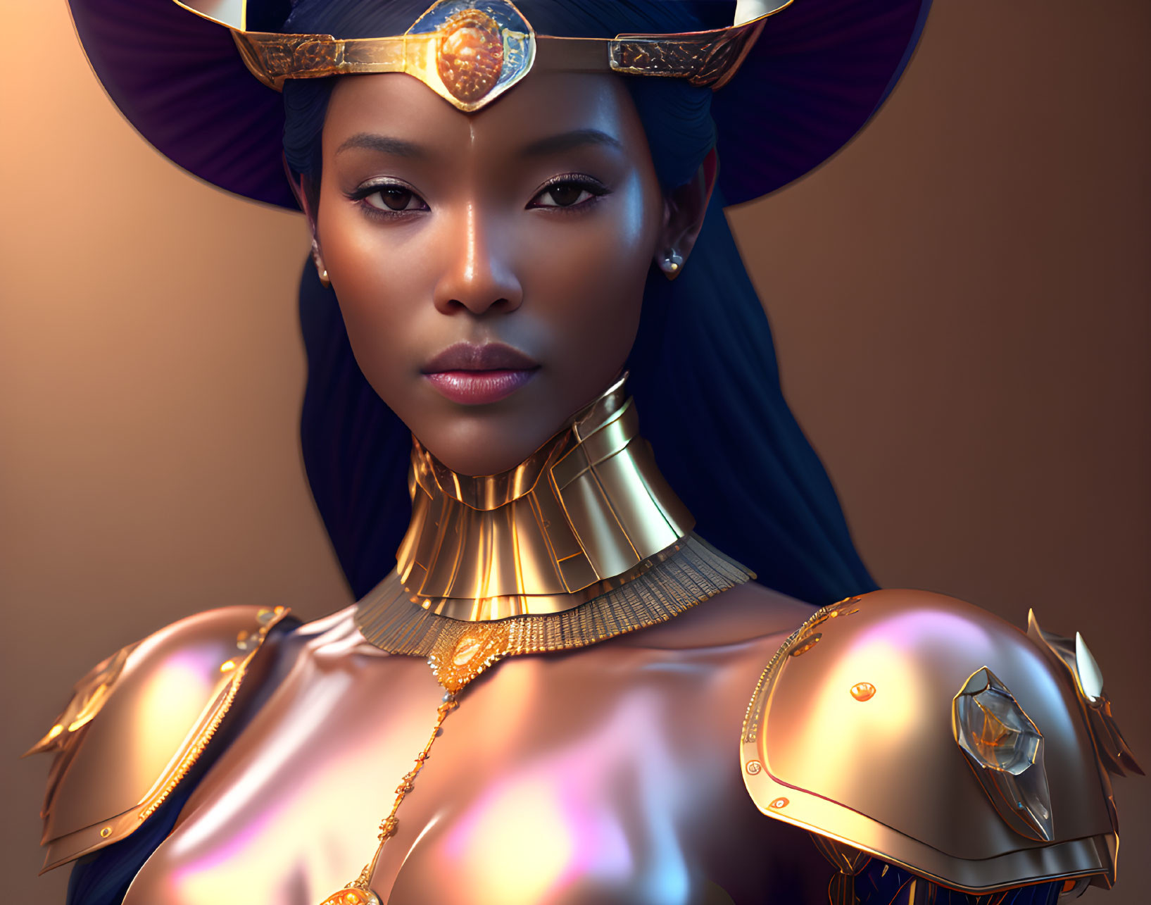 Detailed Digital Portrait: Woman in Ornate Golden Armor and Headdress