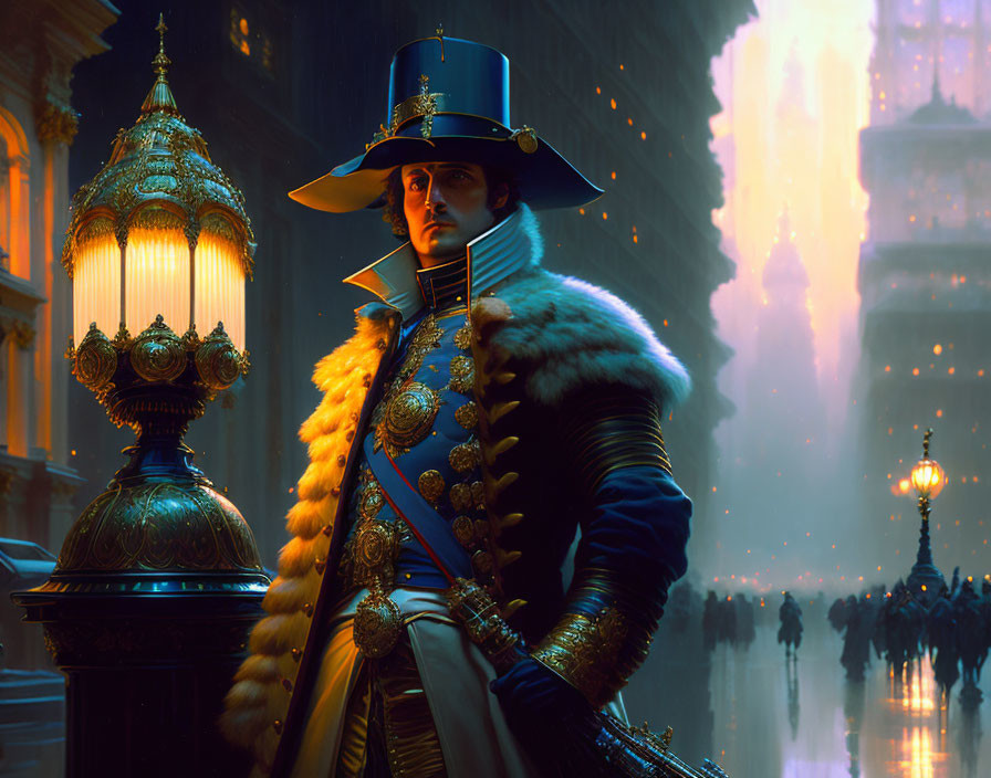 Regal person in blue military uniform with fur cloak in lamp-lit city