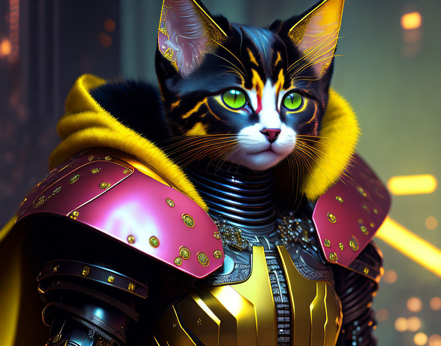 Futuristic digital art: cat in green-eyed armor against sci-fi backdrop