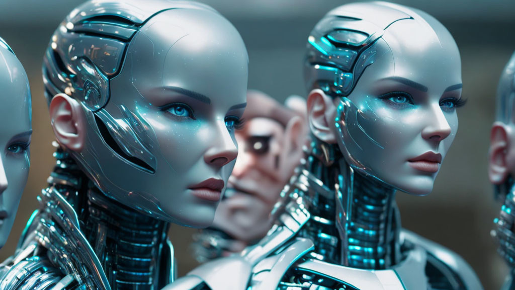 Realistic Female Humanoid Robots with Shiny Metallic Skin