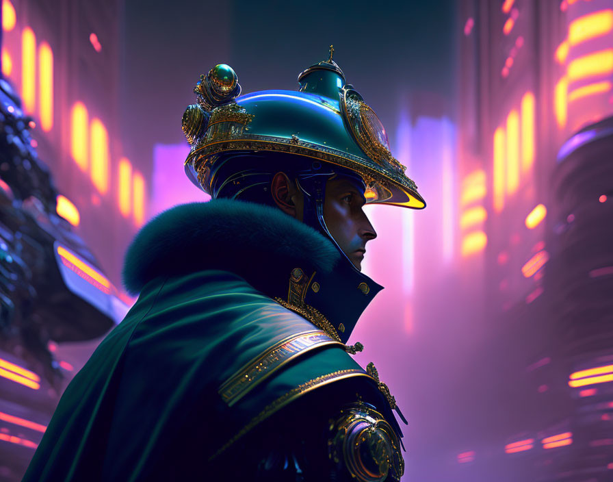 Futuristic soldier in blue and gold armor in neon-lit cityscape