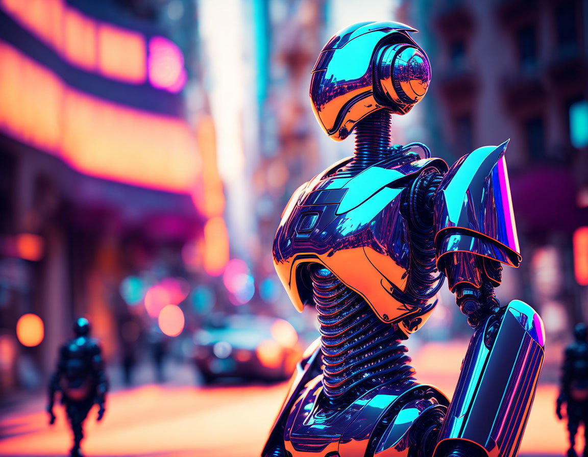 Futuristic chrome robot in city street with neon lights and blurred figures.